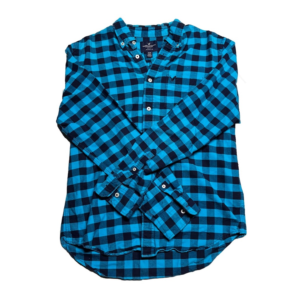 American Eagle Blue Checkered Button Down Men's Shirt Size Medium